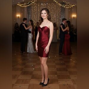 Mini Satin Corset Prom Dress -Burgundy Red Strapless Cocktail Party Dress| Small